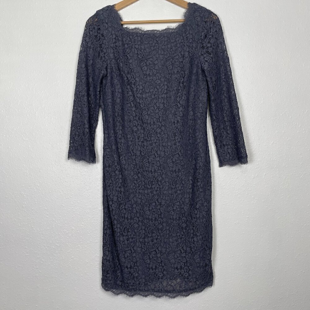 Adrianna Papell Sz: 10 Gray Lace Zip Scalloped High Neck Midi Dress